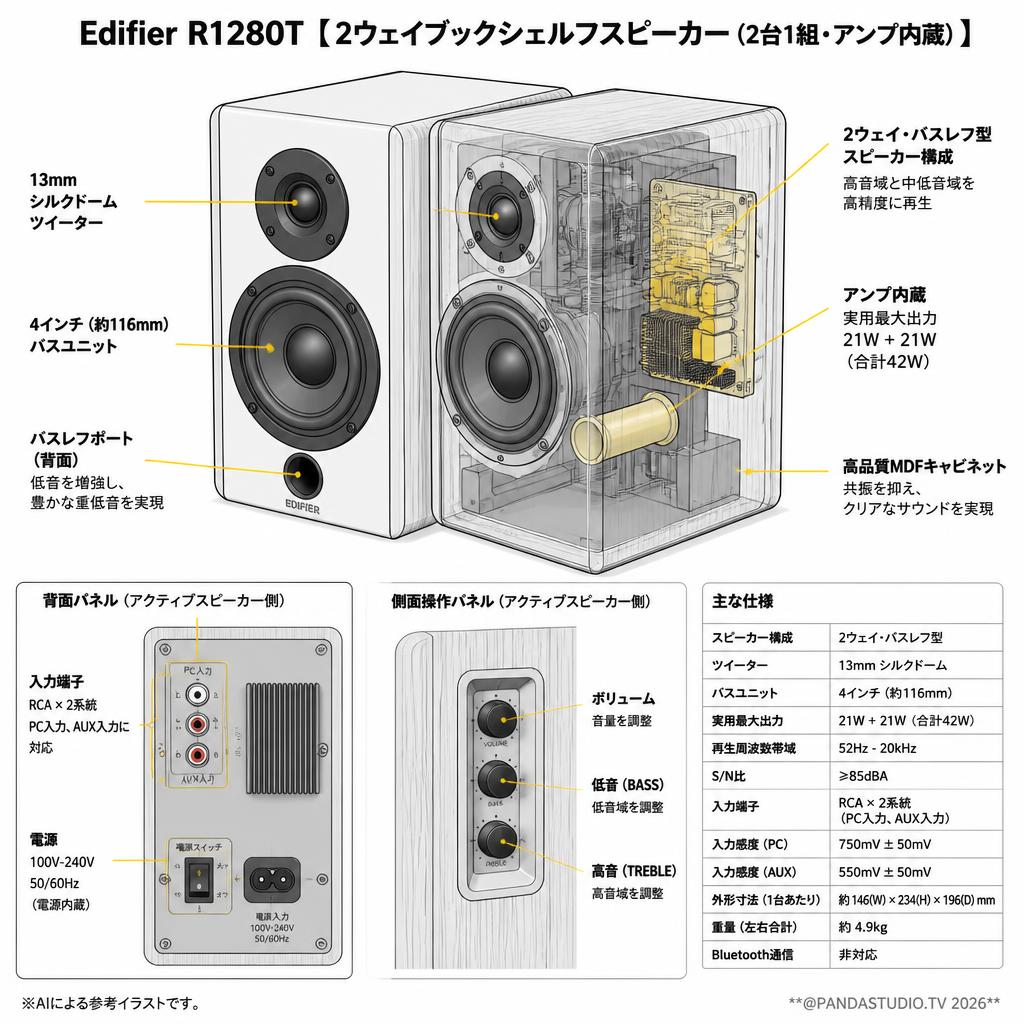Edifier R1280T【 2ウェイブックシェルフスピーカー(2台1組 -アンプ内蔵)】 スペック