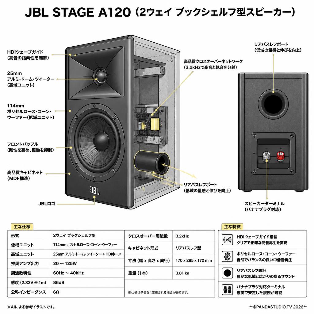 JBL STAGE A120 (2ウェイ ブックシェルフ型スピーカー) スペック