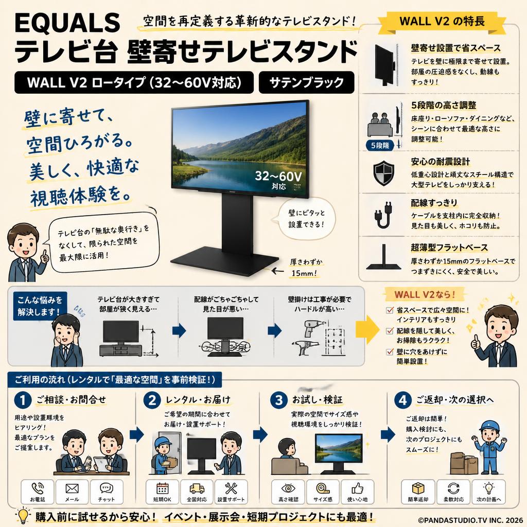 EQUALS【テレビ台 壁寄せテレビスタンド WALL V2 ロータイプ (32～60V対応 )】サテンブラック 概要