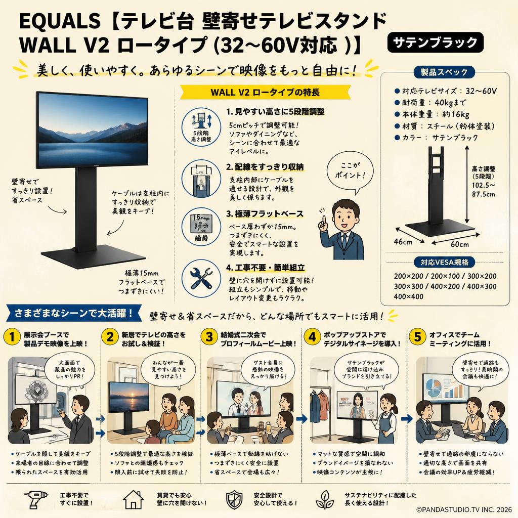 EQUALS【テレビ台 壁寄せテレビスタンド WALL V2 ロータイプ (32～60V対応 )】サテンブラック 用途