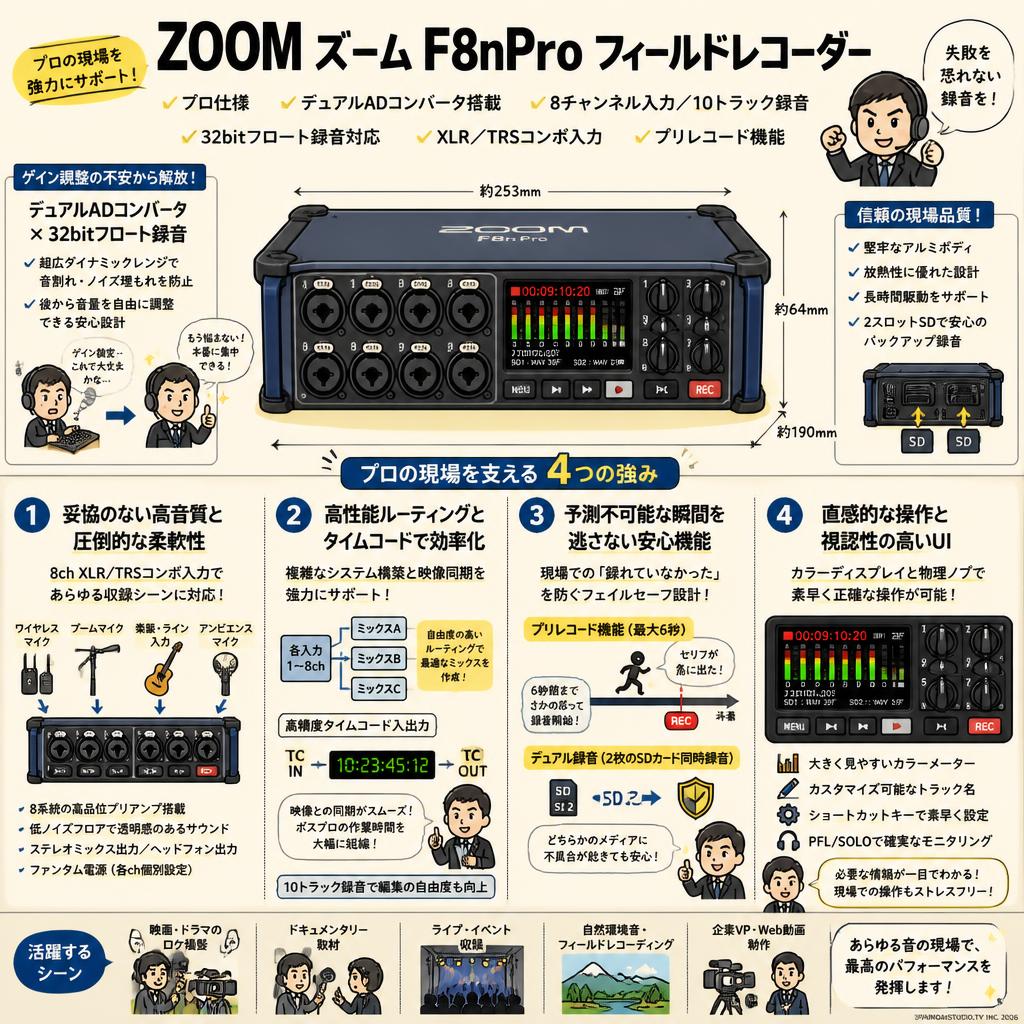 ZOOM ズーム F8nPro フィールドレコーダー プロ仕様 デュアルADコンバータ搭載 8チャンネル入力／10トラック録音 32bitフロート録音対応 XLR／TRSコンボ入力 プリレコード機能 概要