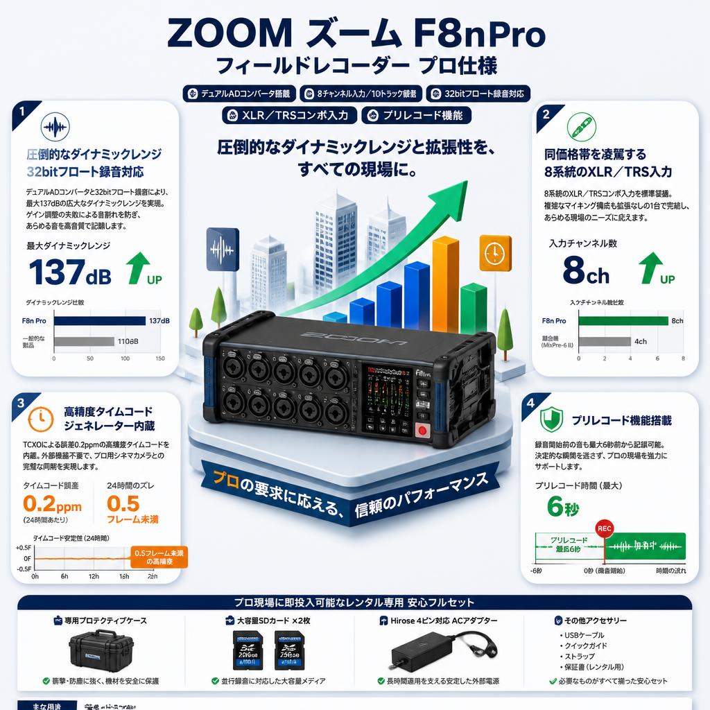 ZOOM ズーム F8nPro フィールドレコーダー プロ仕様 デュアルADコンバータ搭載 8チャンネル入力／10トラック録音 32bitフロート録音対応 XLR／TRSコンボ入力 プリレコード機能 セールスポイント