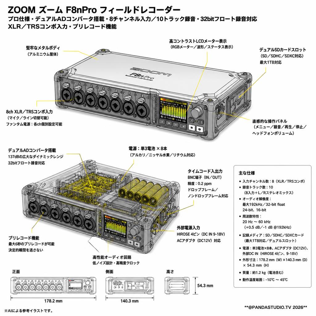 ZOOM ズーム F8nPro フィールドレコーダー プロ仕様 デュアルADコンバータ搭載 8チャンネル入力／10トラック録音 32bitフロート録音対応 XLR／TRSコンボ入力 プリレコード機能 スペック