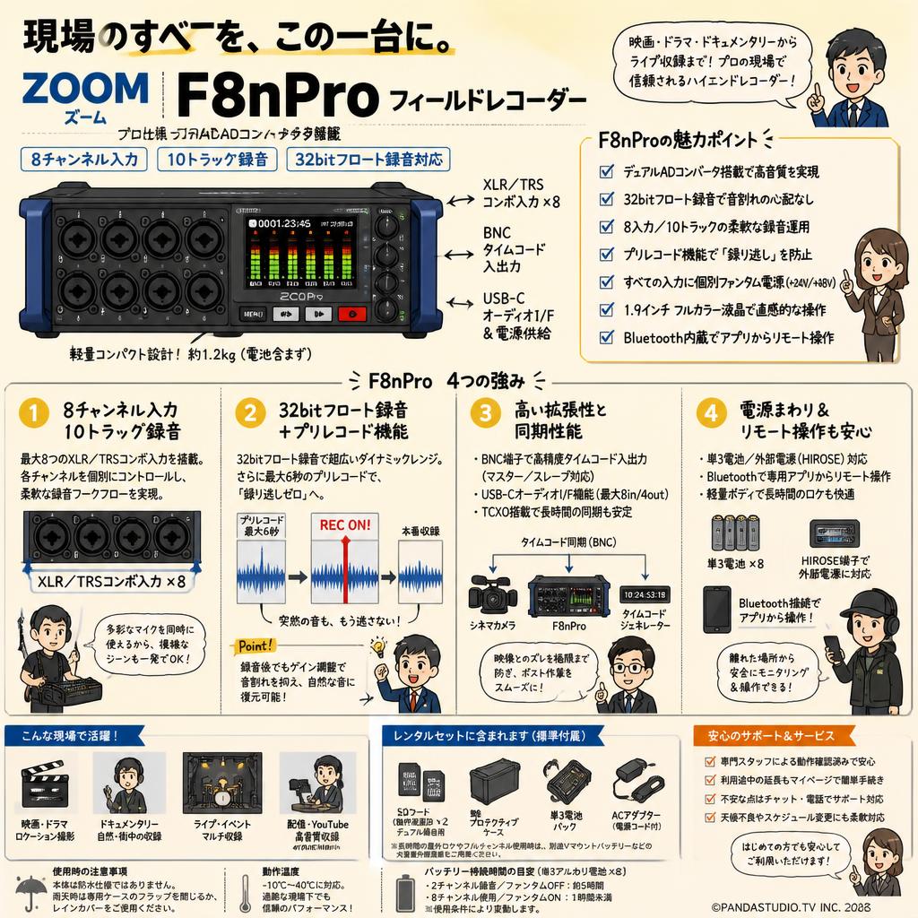 ZOOM ズーム F8nPro フィールドレコーダー プロ仕様 デュアルADコンバータ搭載 8チャンネル入力／10トラック録音 32bitフロート録音対応 XLR／TRSコンボ入力 プリレコード機能 FAQ（よくある質問と答え）