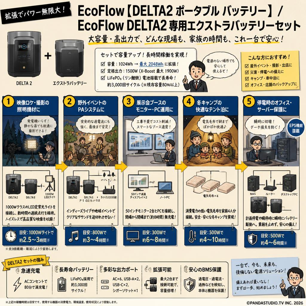 EcoFlow【DELTA2 ポータブル バッテリー 】 / EcoFlow DELTA2 専用エクストラバッテリーセット 用途