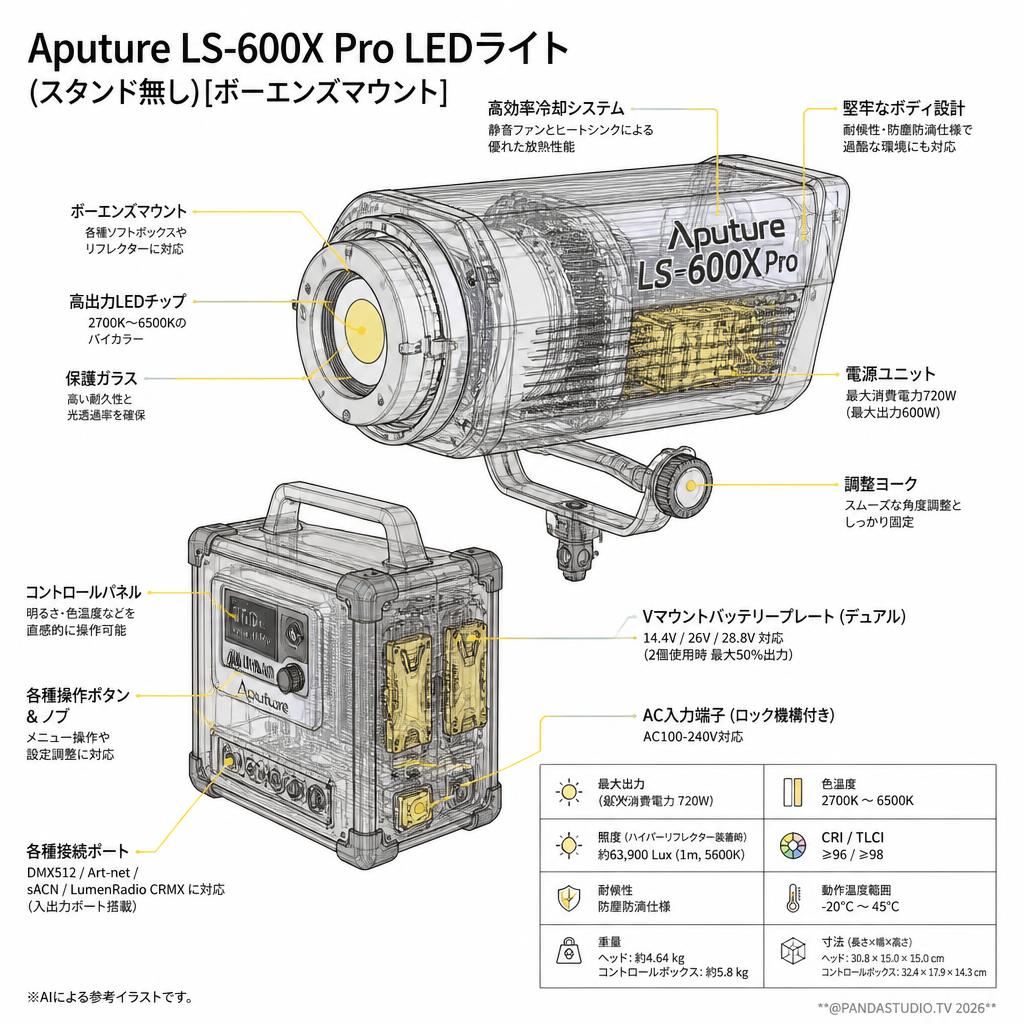 Aputure LS-600X Pro LEDライト (スタンド無し)[ボーエンズマウント] スペック