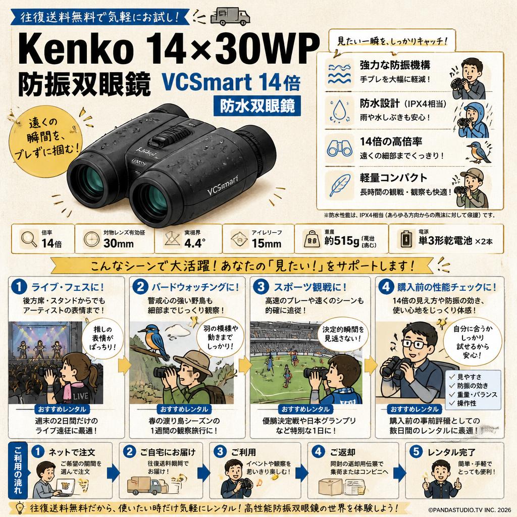 【往復送料無料】Kenko 14×30WP [防振双眼鏡 VCSmart 14倍]　防水双眼鏡 おもな対象のお客様
