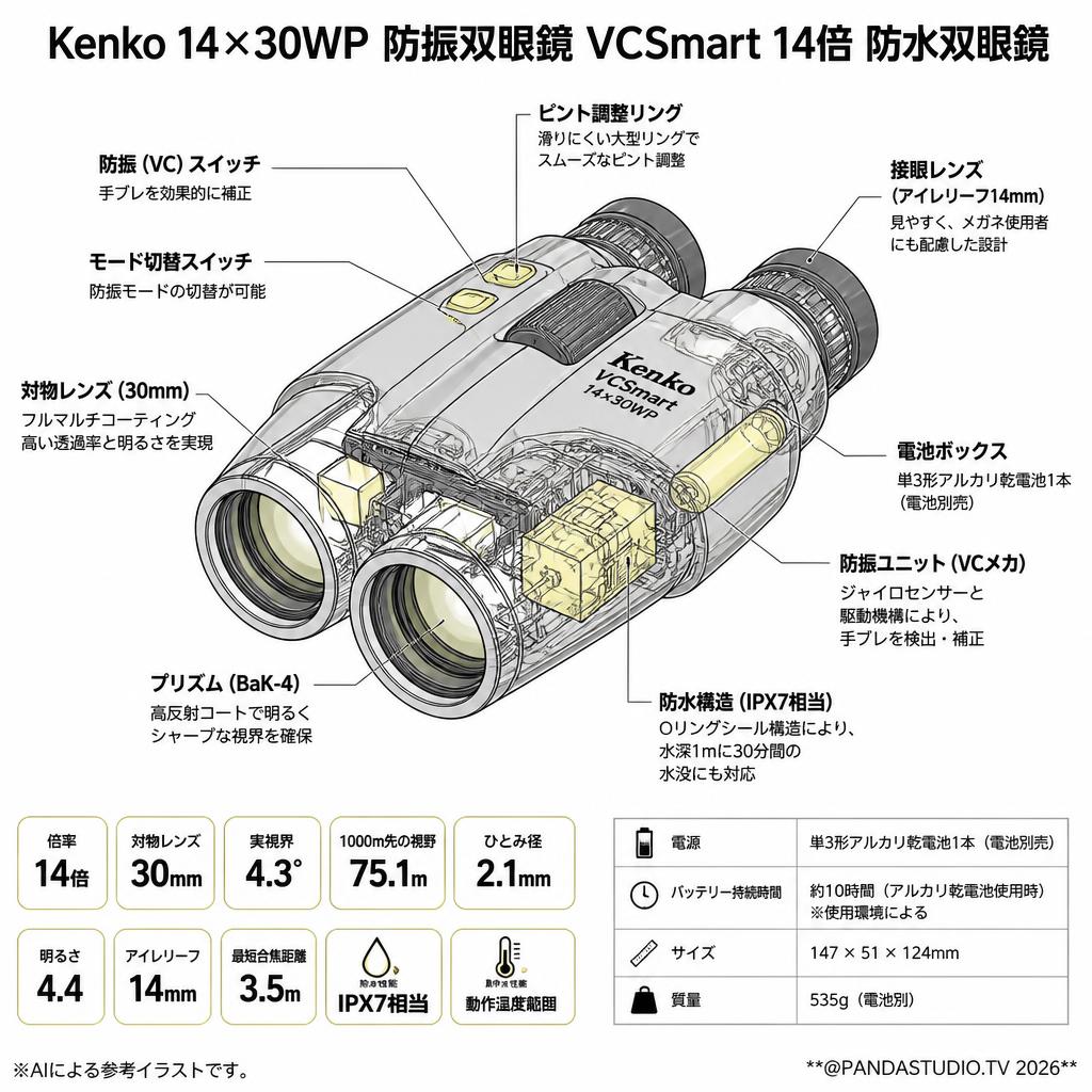 【往復送料無料】Kenko 14×30WP [防振双眼鏡 VCSmart 14倍]　防水双眼鏡 スペック