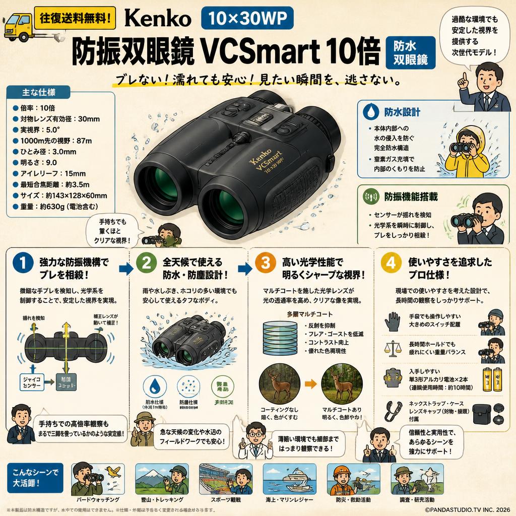 【往復送料無料】Kenko 10×30WP [防振双眼鏡 VCSmart 10倍] 防水双眼鏡 概要