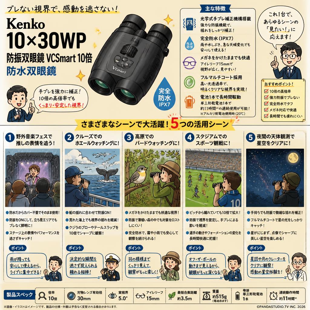 【往復送料無料】Kenko 10×30WP [防振双眼鏡 VCSmart 10倍] 防水双眼鏡 用途