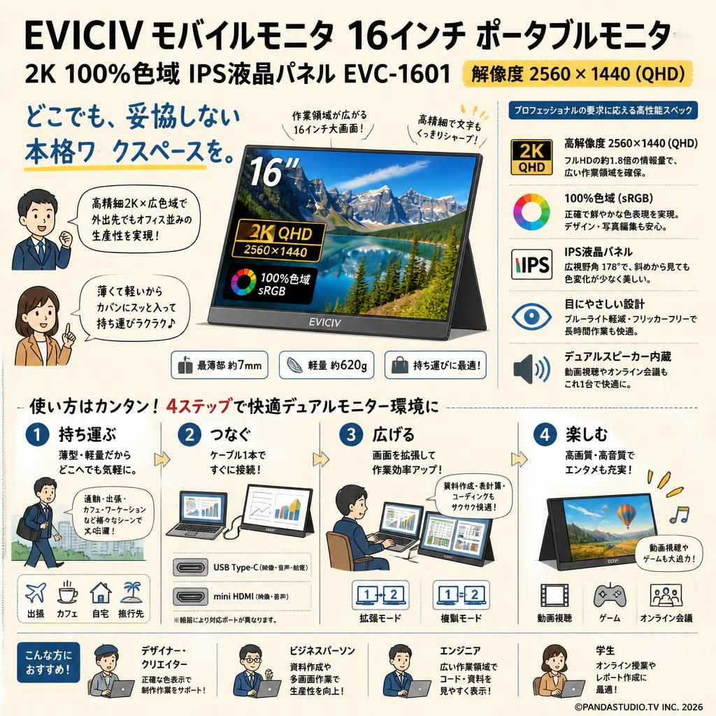 EVICIV モバイルモニタ 16インチ ポータブルモニター 2K 100%色域 IPS液晶パネル  EVC-1601　解像度 2560 x 1440（QHD) 概要