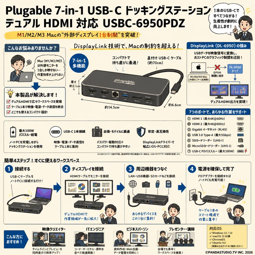 Plugable 7-in-1 USB-C ドッキングステーション デュアル HDMI 対応 USBC-6950PDZ 概要