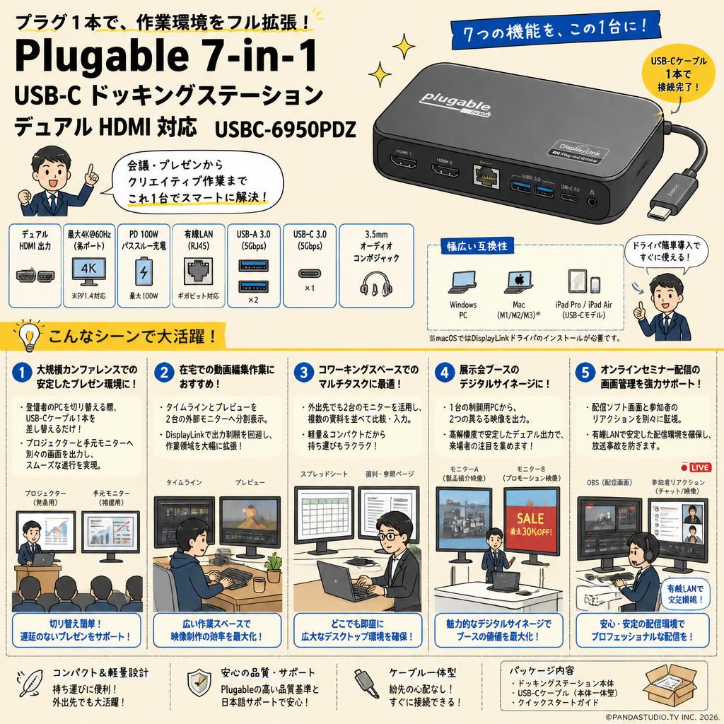 Plugable 7-in-1 USB-C ドッキングステーション デュアル HDMI 対応 USBC-6950PDZ 用途