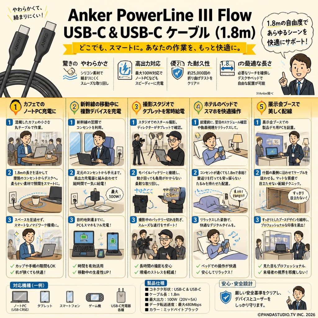 Anker PowerLine III Flow USB-C & USB-C ケーブル  (1.8m) 用途
