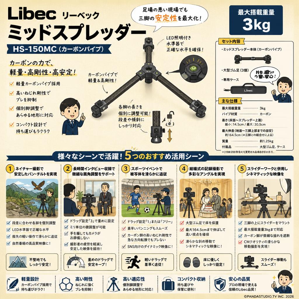Libec リーベック  ミッドスプレッダー（最大搭載重量 3kg）HS-150MC (カーボンパイプ） 用途