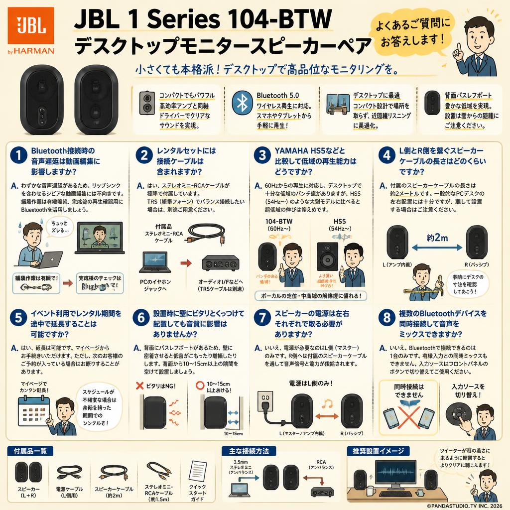 JBL 1 Series 104-BTW デスクトップモニタースピーカーペヤ FAQ（よくある質問と答え）
