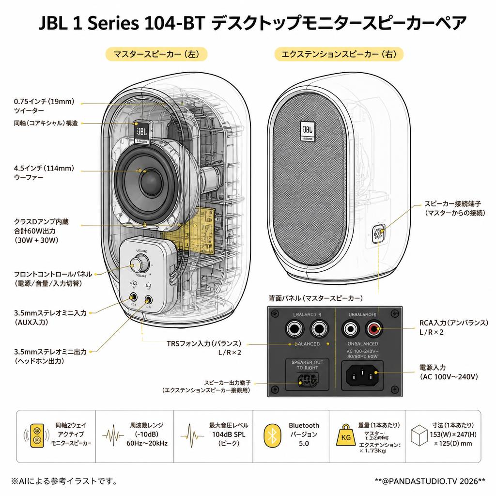 JBL 1 Series 104-BT デスクトップモニタースピーカーペヤ スペック