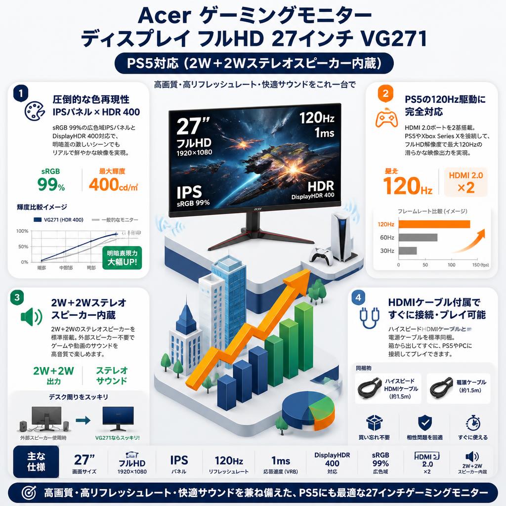 Acer ゲーミングモニター ディスプレイ フルHD 27インチ VG271 PS5対応(2W＋2Wステレオスピーカー内蔵) セールスポイント