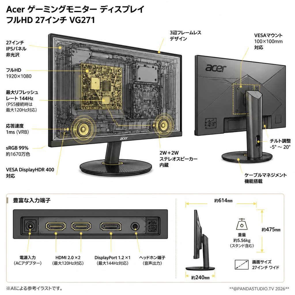 Acer ゲーミングモニター ディスプレイ フルHD 27インチ VG271 PS5対応(2W＋2Wステレオスピーカー内蔵) スペック