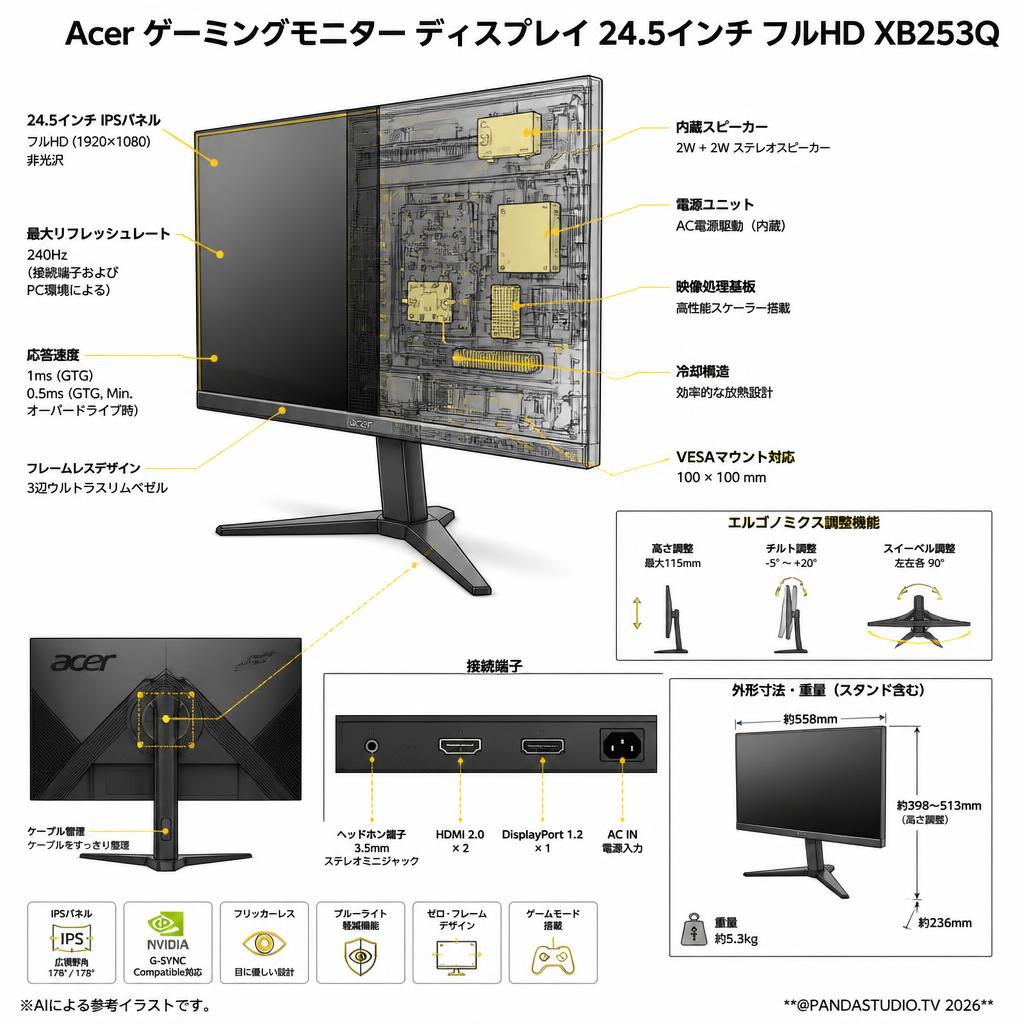 Acer ゲーミングモニター ディスプレイ 24.5インチ フルHD XB253Q スペック