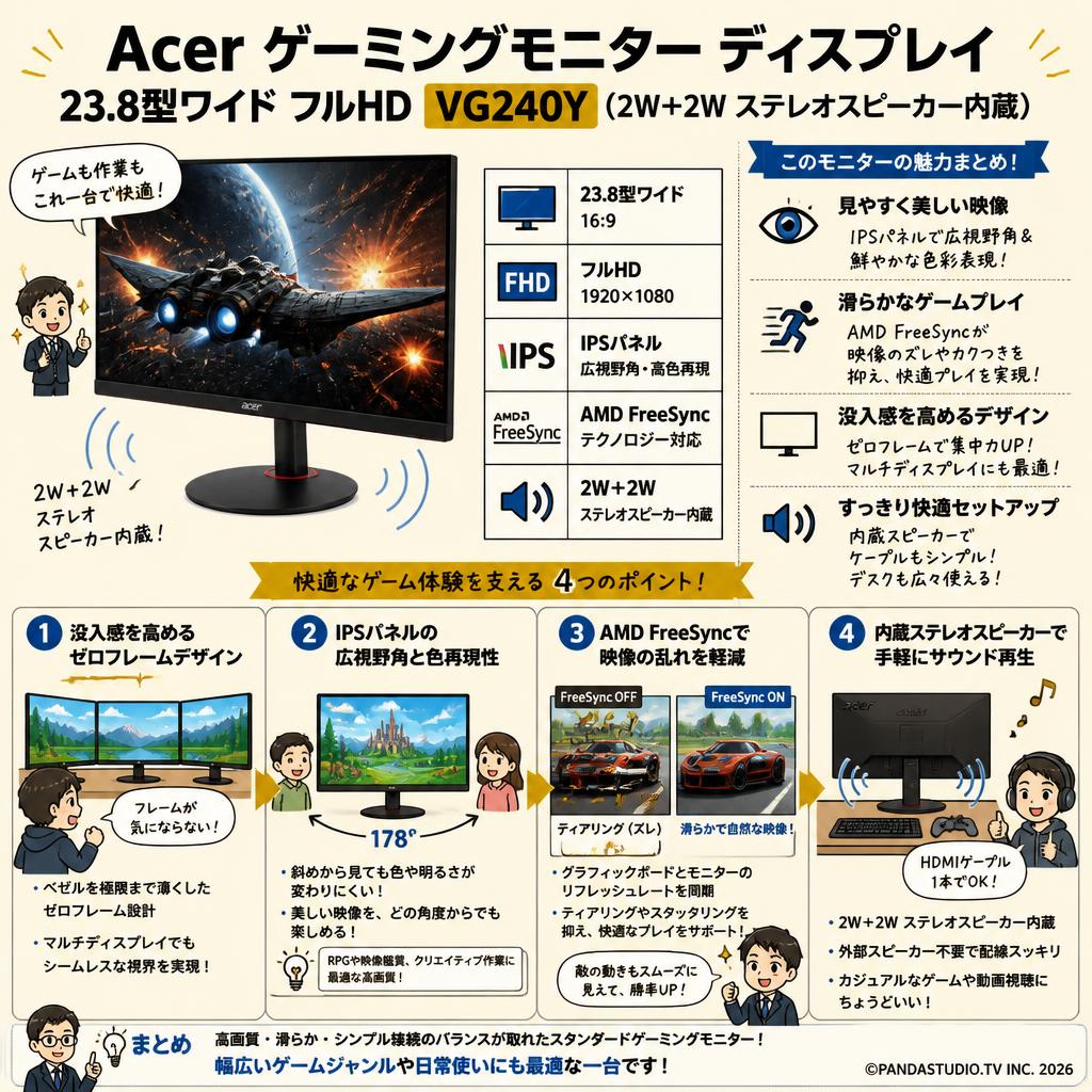 Acer ゲーミングモニター ディスプレイ 23.8型ワイド フルHD VG240Y(2W＋2W ステレオスピーカー内蔵) 概要