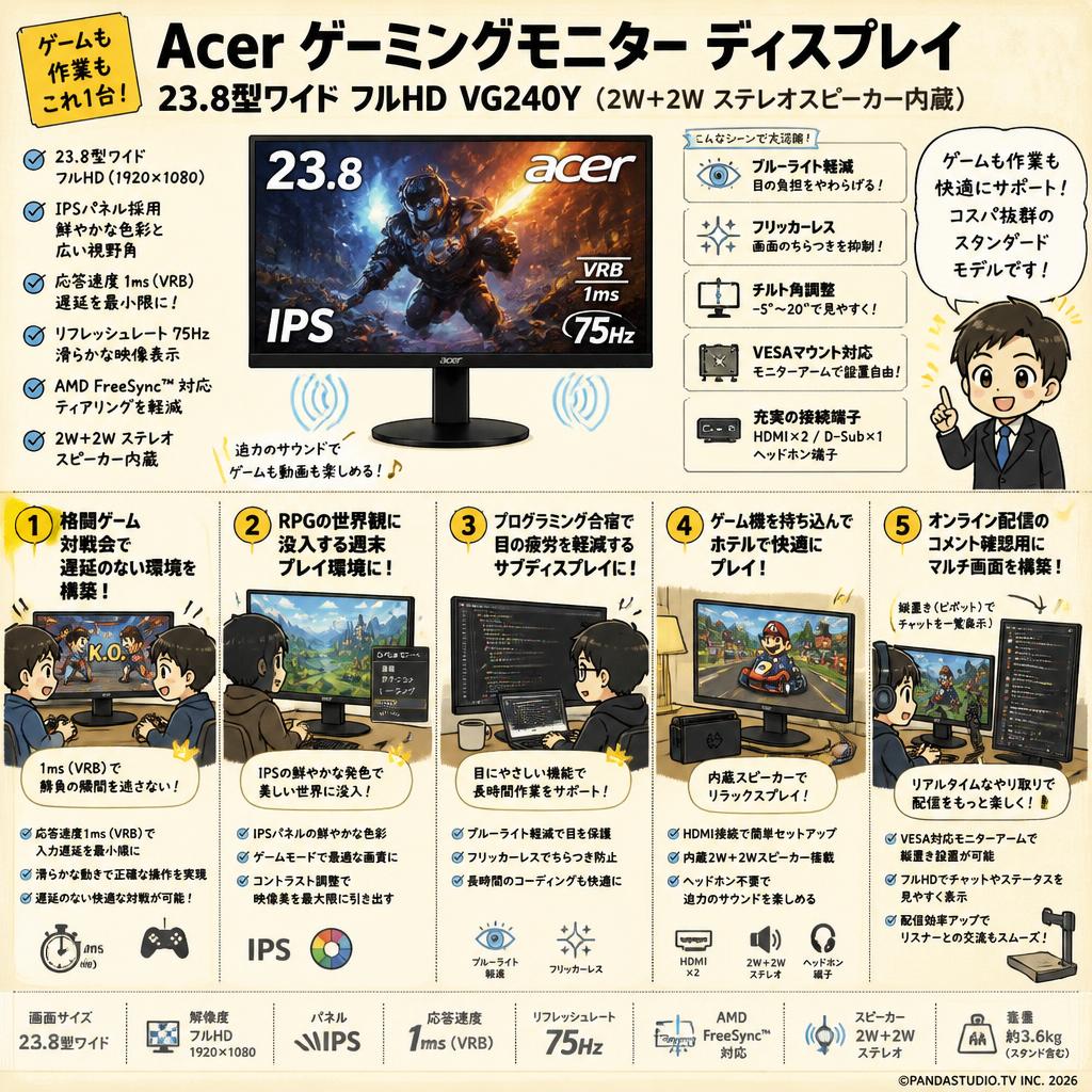 Acer ゲーミングモニター ディスプレイ 23.8型ワイド フルHD VG240Y(2W＋2W ステレオスピーカー内蔵) 用途