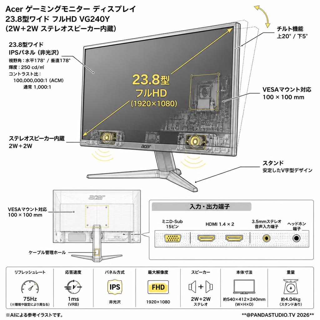 Acer ゲーミングモニター ディスプレイ 23.8型ワイド フルHD VG240Y(2W＋2W ステレオスピーカー内蔵) スペック