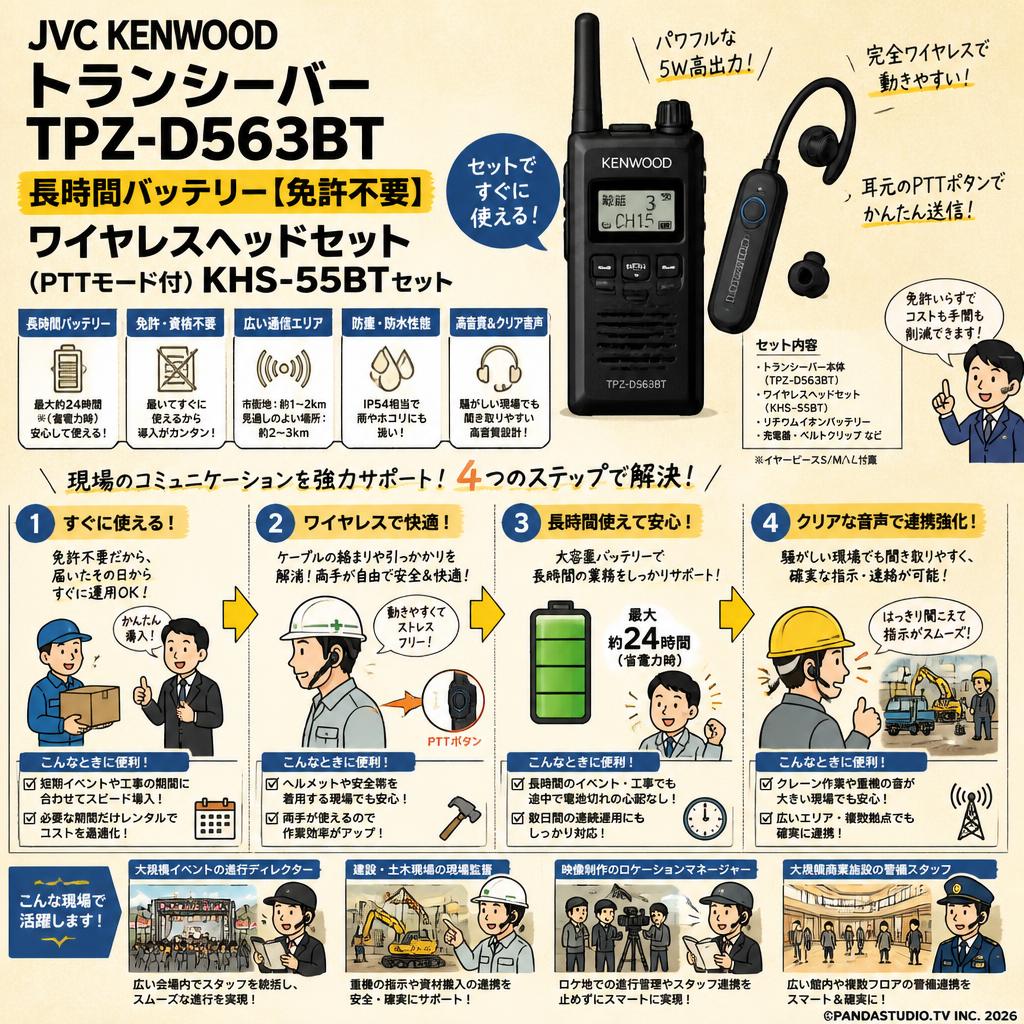JVC KENWOOD トランシーバー TPZ-D563BT 長時間バッテリー【免許不要】ワイヤレスヘッドセット (PTTモード付) KHS-55BTセット おもな対象のお客様