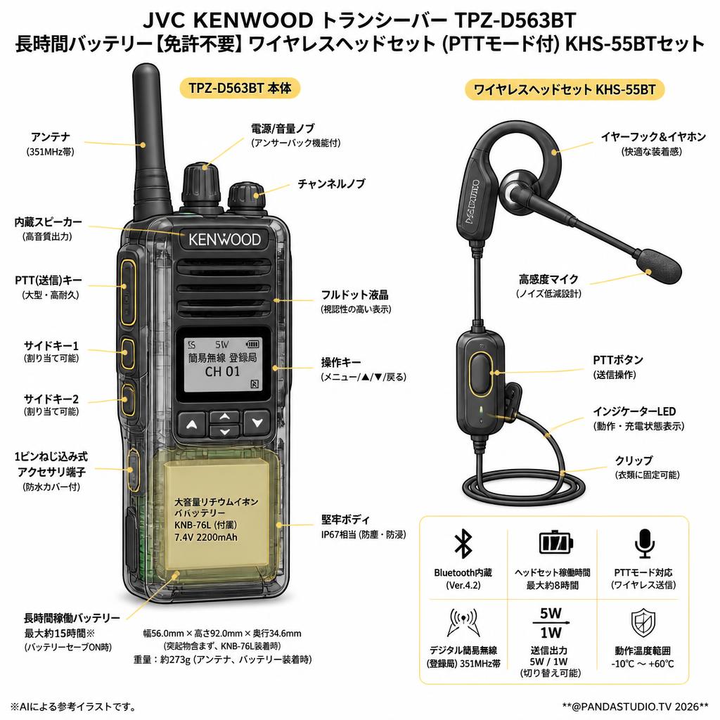 JVC KENWOOD トランシーバー TPZ-D563BT 長時間バッテリー【免許不要】ワイヤレスヘッドセット (PTTモード付) KHS-55BTセット スペック