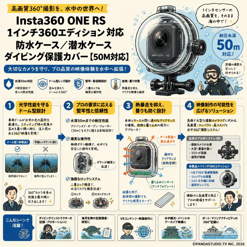 Insta360 ONE RS 1インチ360エディション 対応 防水ケース/潜水ケース ダイビング保護カバー【50M対応】 概要