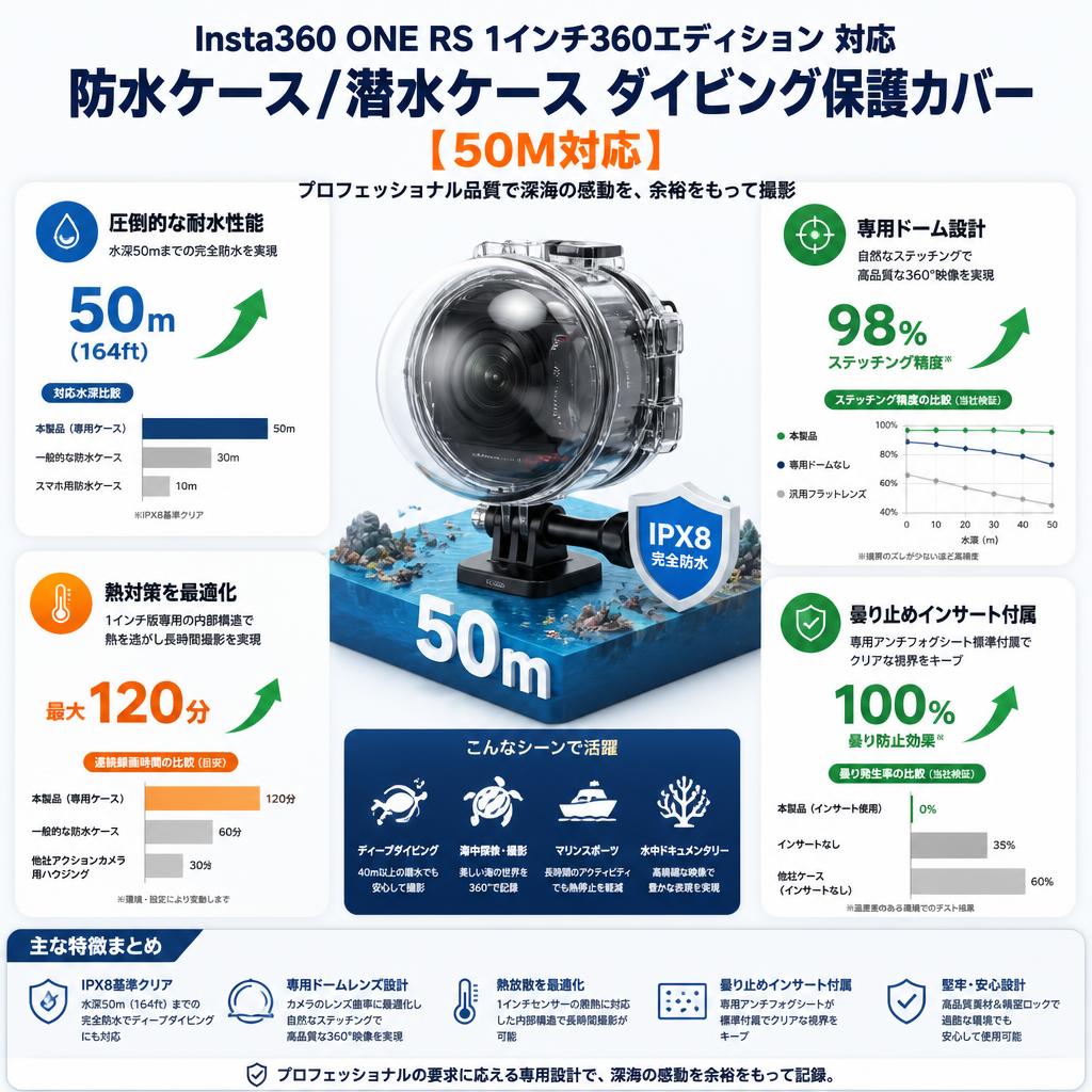 Insta360 ONE RS 1インチ360エディション 対応 防水ケース/潜水ケース ダイビング保護カバー【50M対応】 セールスポイント