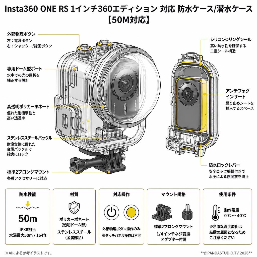 Insta360 ONE RS 1インチ360エディション 対応 防水ケース/潜水ケース ダイビング保護カバー【50M対応】 スペック