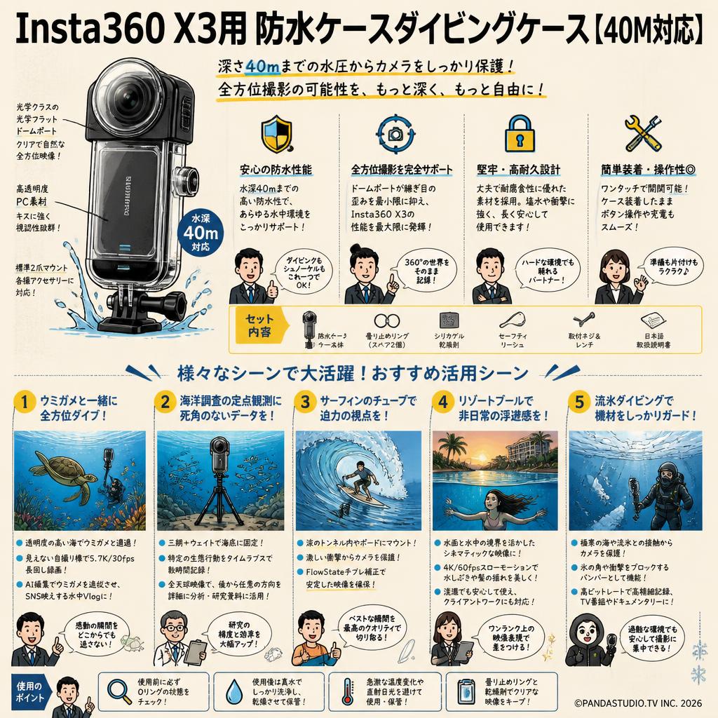 Insta360 X3用防水ケースダイビングケース【40M対応】 用途