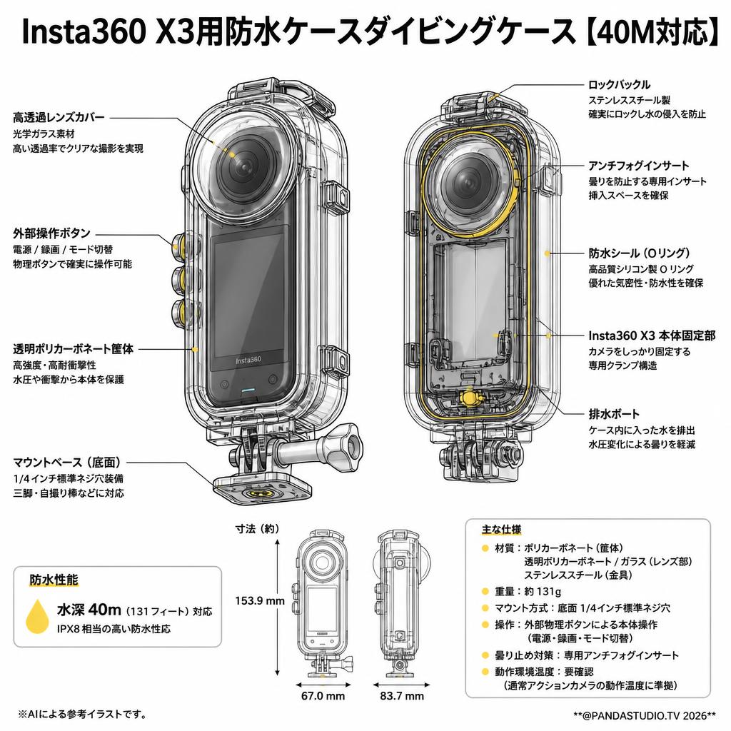 Insta360 X3用防水ケースダイビングケース【40M対応】 スペック