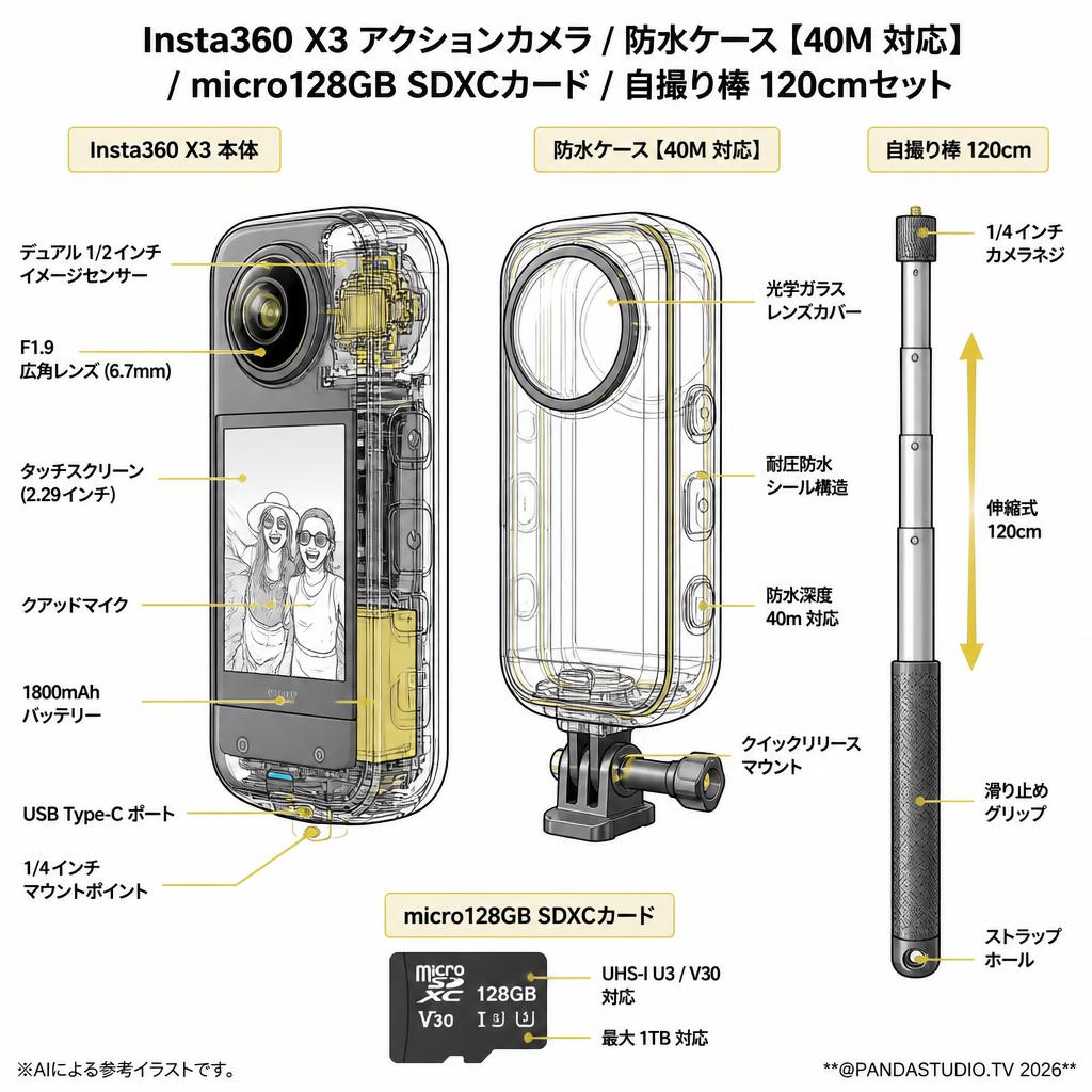 Insta360 X3 アクションカメラ / 防水ケース【40M 対応 】/ micro128GB SDXCカード / 自撮り棒 120cmセット スペック