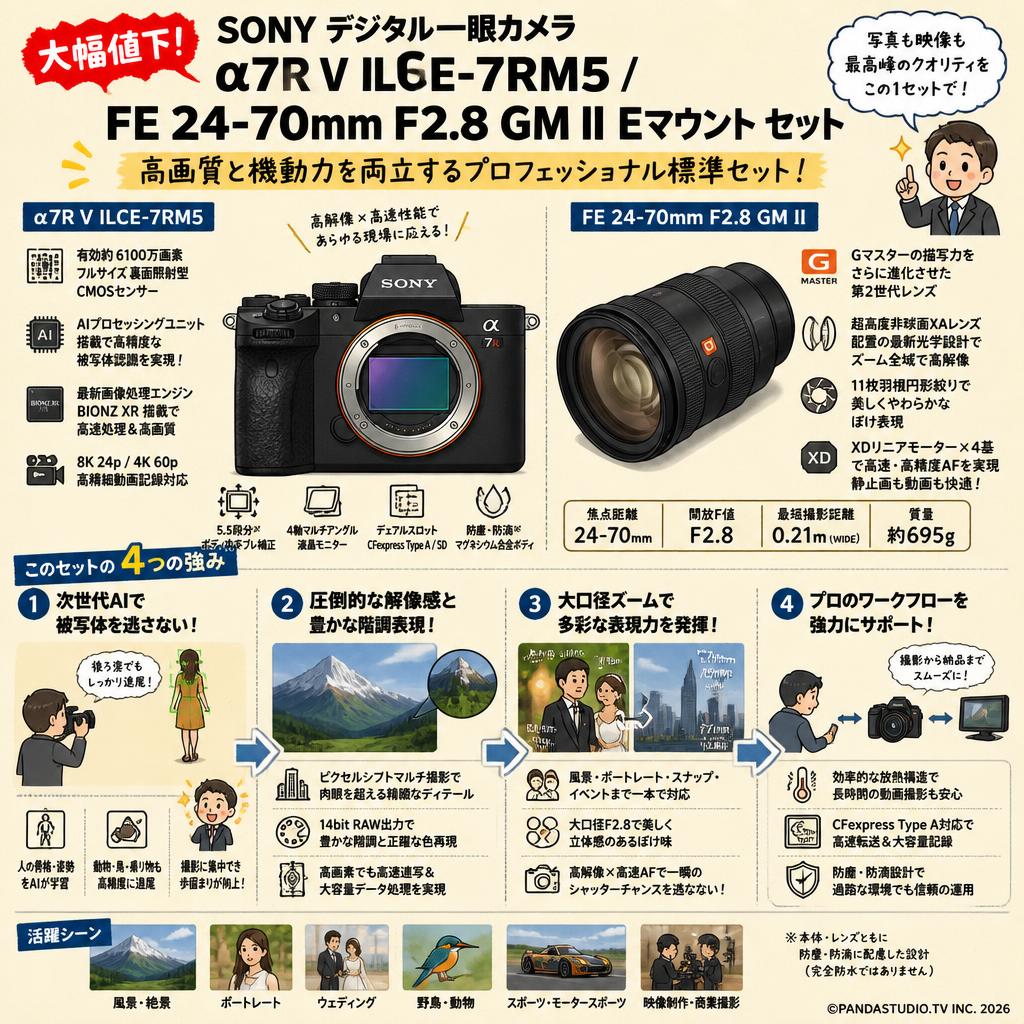 【大幅値下】SONY デジタル一眼カメラ α7R V ILCE-7RM5 / FE 24-70mm F2.8 GM II Eマウント セット 概要