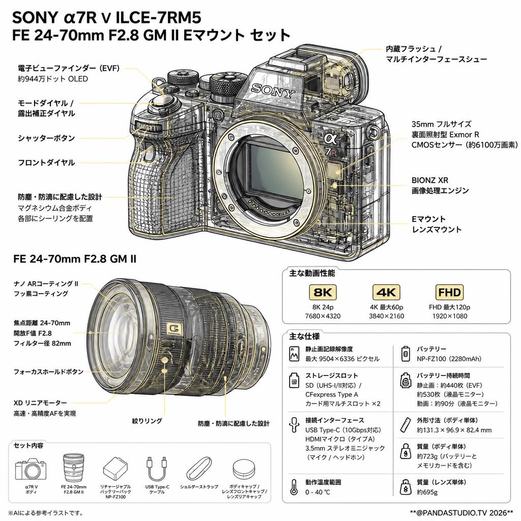 【大幅値下】SONY デジタル一眼カメラ α7R V ILCE-7RM5 / FE 24-70mm F2.8 GM II Eマウント セット スペック