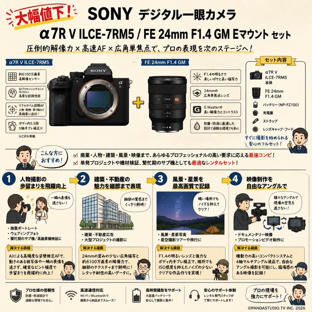 【大幅値下】SONY デジタル一眼カメラ α7R V ILCE-7RM5 / FE 24mm F1.4 GM Eマウント セット おもな対象のお客様