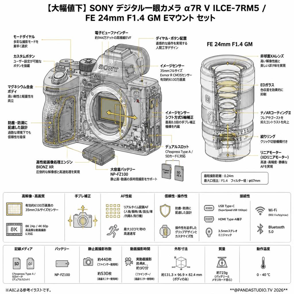 【大幅値下】SONY デジタル一眼カメラ α7R V ILCE-7RM5 / FE 24mm F1.4 GM Eマウント セット スペック