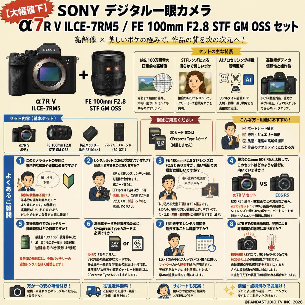 【大幅値下】SONY デジタル一眼カメラ α7R V ILCE-7RM5 / FE 100mm F2.8 STF GM OSS セット FAQ（よくある質問と答え）
