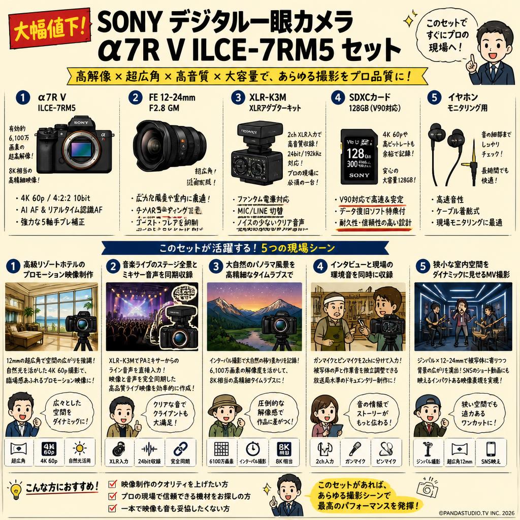 【大幅値下】SONY デジタル一眼カメラ α7R V ILCE-7RM5 / FE 12-24mm F2.8 / XLR-K3M / SDXCカード / イヤホン セット 用途