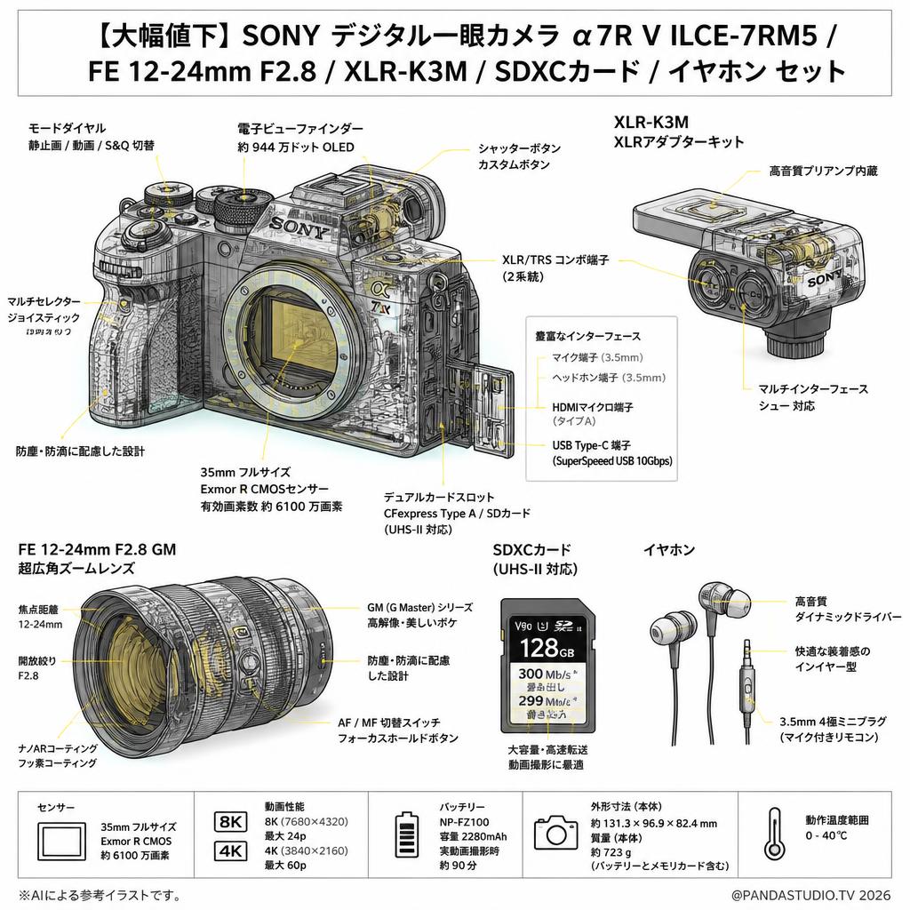 【大幅値下】SONY デジタル一眼カメラ α7R V ILCE-7RM5 / FE 12-24mm F2.8 / XLR-K3M / SDXCカード / イヤホン セット スペック