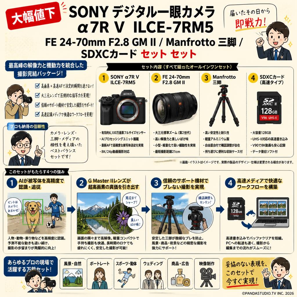 【大幅値下】SONY デジタル一眼カメラ α7R V ILCE-7RM5 / FE 24-70mm F2.8 GM II / Manfrotto 三脚 / SDXCカード セット セット 概要