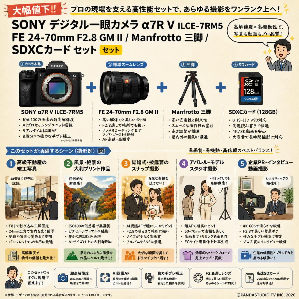 【大幅値下】SONY デジタル一眼カメラ α7R V ILCE-7RM5 / FE 24-70mm F2.8 GM II / Manfrotto 三脚 / SDXCカード セット セット 用途