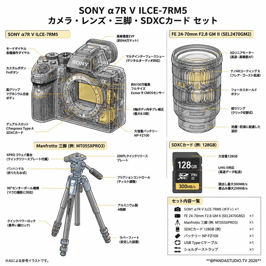 【大幅値下】SONY デジタル一眼カメラ α7R V ILCE-7RM5 / FE 24-70mm F2.8 GM II / Manfrotto 三脚 / SDXCカード セット セット スペック