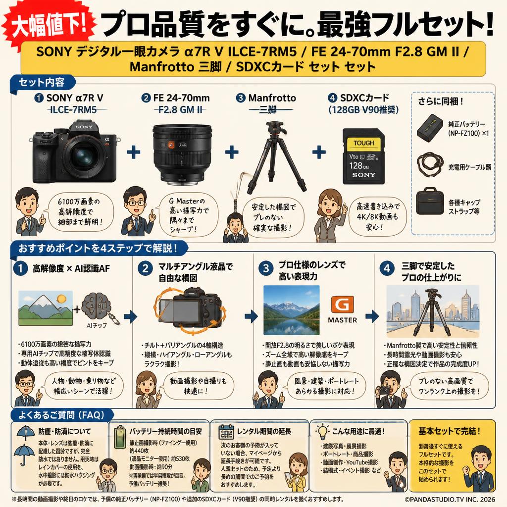 【大幅値下】SONY デジタル一眼カメラ α7R V ILCE-7RM5 / FE 24-70mm F2.8 GM II / Manfrotto 三脚 / SDXCカード セット セット FAQ（よくある質問と答え）