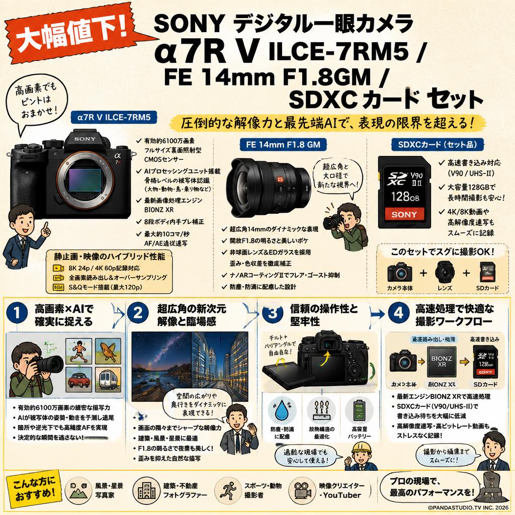 【大幅値下】SONY デジタル一眼カメラ α7R V ILCE-7RM5 /  FE 14mm F1.8GM /  SDXCカード セット 概要