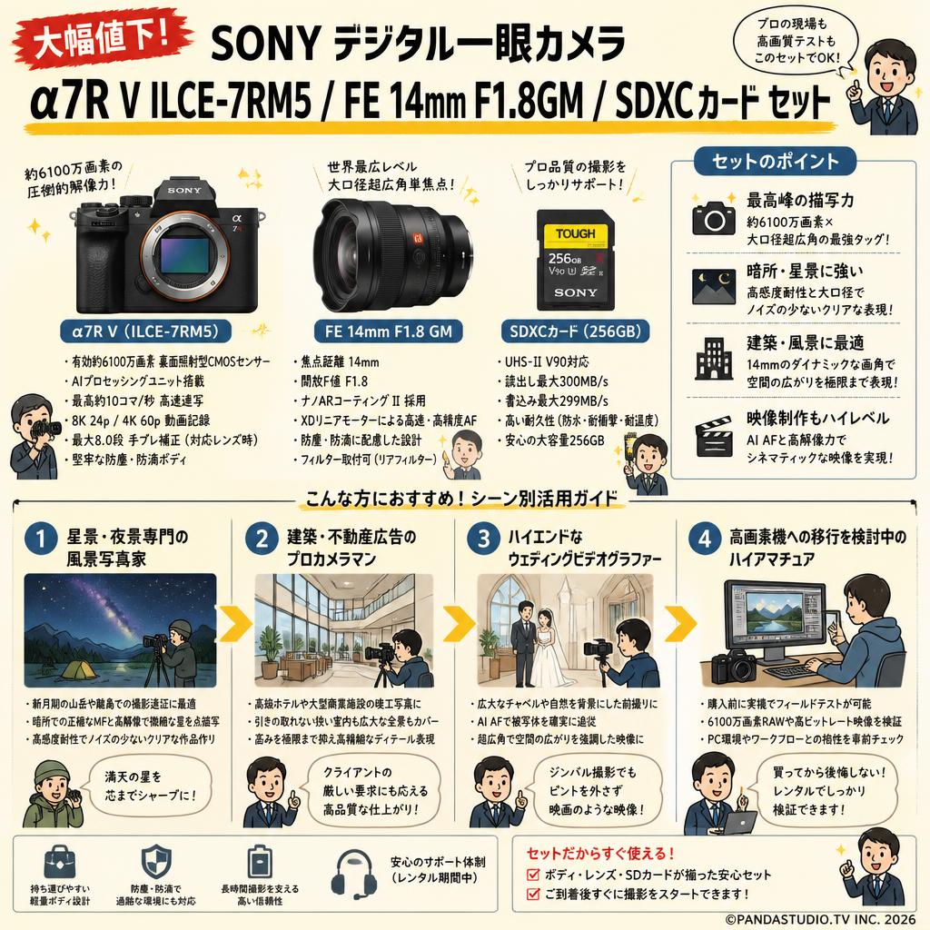 【大幅値下】SONY デジタル一眼カメラ α7R V ILCE-7RM5 /  FE 14mm F1.8GM /  SDXCカード セット おもな対象のお客様