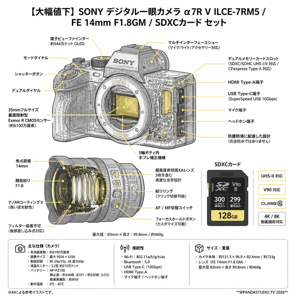 【大幅値下】SONY デジタル一眼カメラ α7R V ILCE-7RM5 /  FE 14mm F1.8GM /  SDXCカード セット スペック