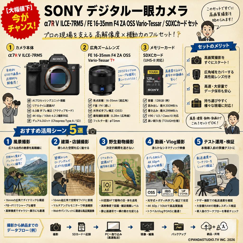 【大幅値下】SONY デジタル一眼カメラ α7R V ILCE-7RM5 /  FE 16-35mm F4 ZA OSS Vario-Tessar  /  SDXCカード セット 用途